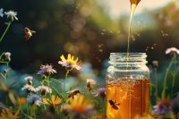 Sunlit honey being poured into a glass jar surrounded by wildflowers, with bees in the background.